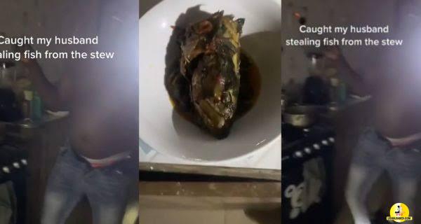 “Abeg, I no go do am again” – Man surrenders, begs wife after she caught him stealing fish from stew pot (Video)