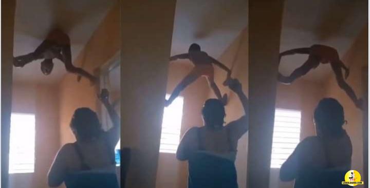 Boy turns Spiderman, sticks to wall to escape being disciplined by mother (Video)