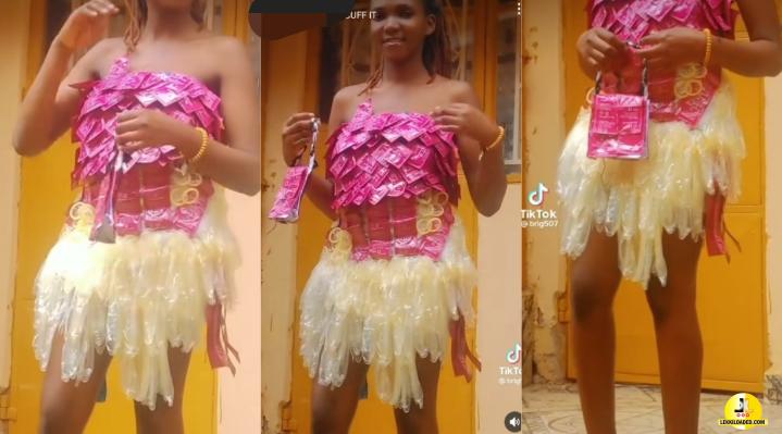 “She’s Highly Protected” – Reactions As Nigerian Lady Makes Dress Out Of C0nd0ms (Video)