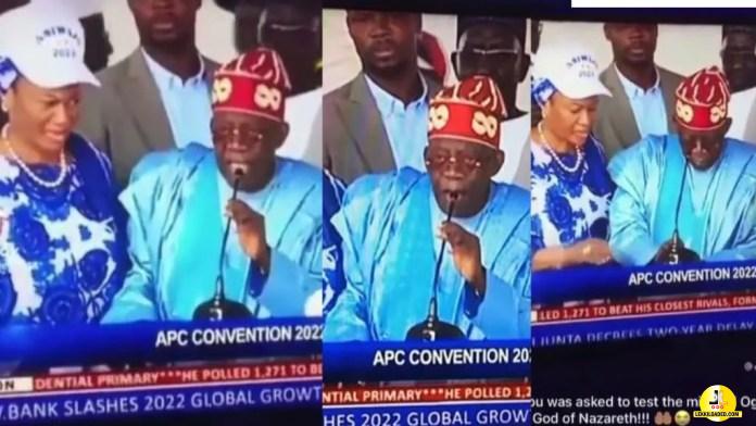 “This man is finished” – Reactions trail the moment APC presidential candidate Tinubu licks the microphone while testing it (Video)