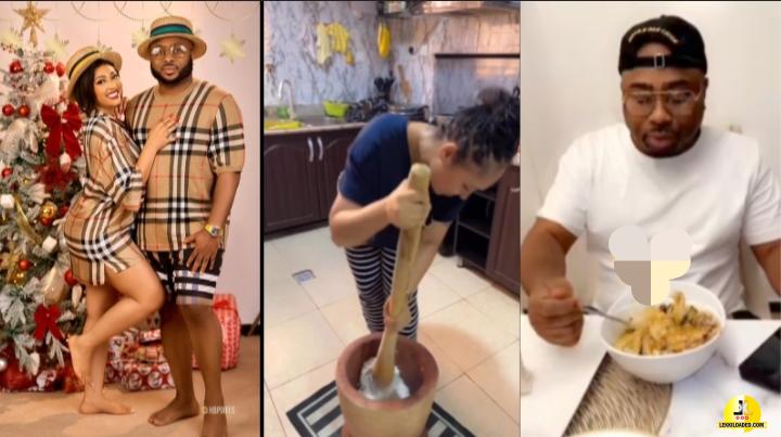 “I’ll Learn Everything To Please My Husband” – Rosy Meurer Says As She Pounds Yam And Makes Soup For The First Time For Her Husband (Video)